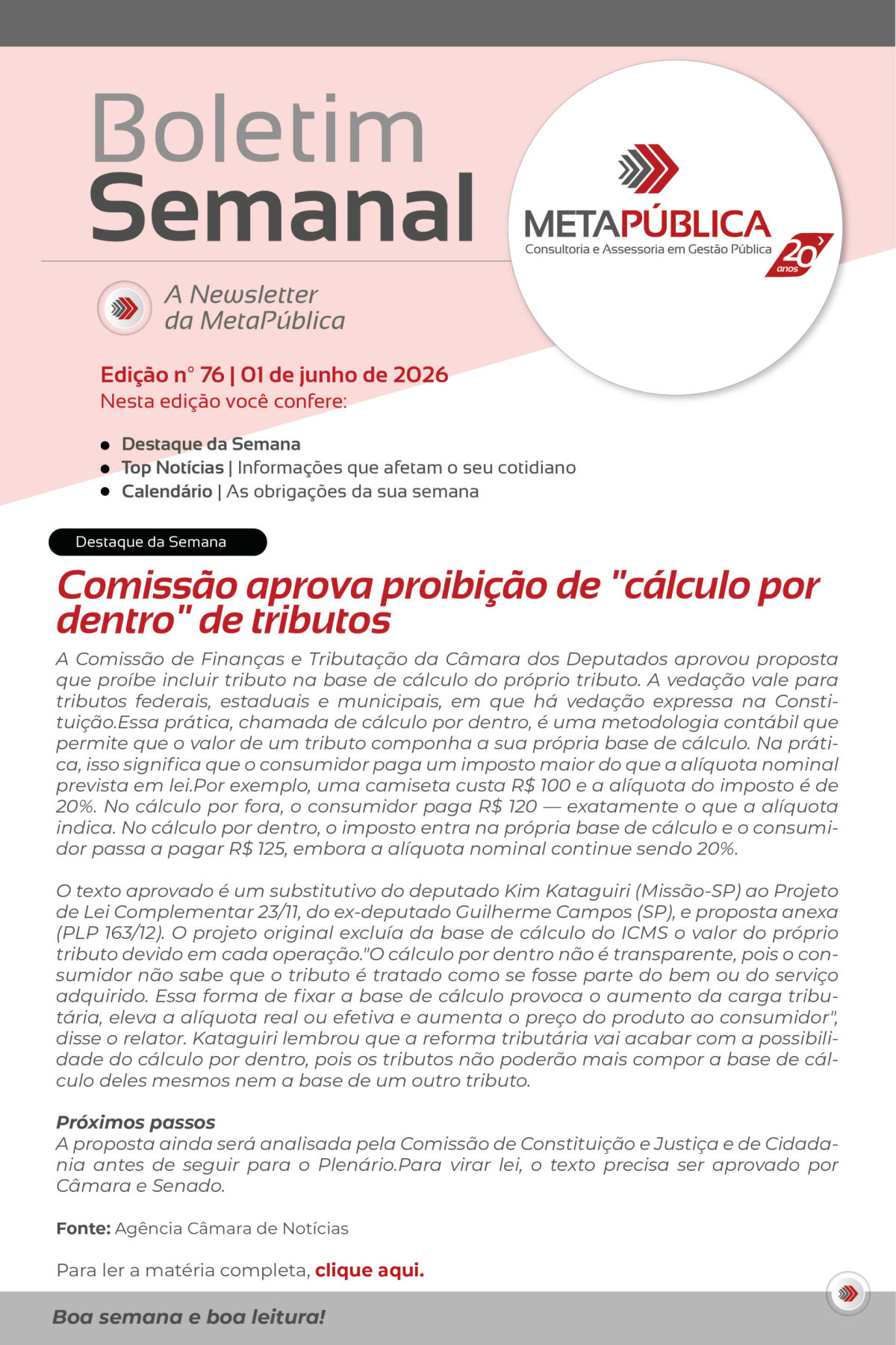 Imagem principal de BOLETIM SEMANAL Nº 76 - 01 DE JUNHO DE 2026